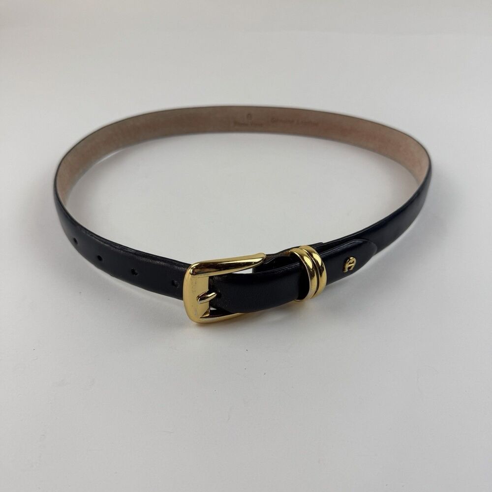 Etienne Aigner Leather Skinny Belt Small Navy Blue  Gold Buckle Western 80"s VTG
